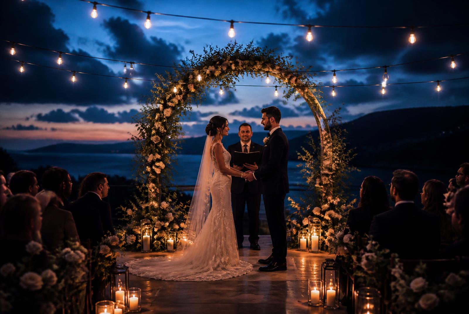 Outdoor wedding ceremony at dusk under string lights