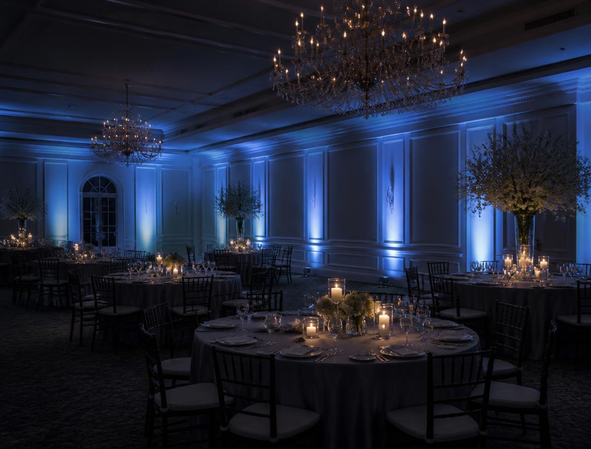 Reception hall washed in blue uplighting